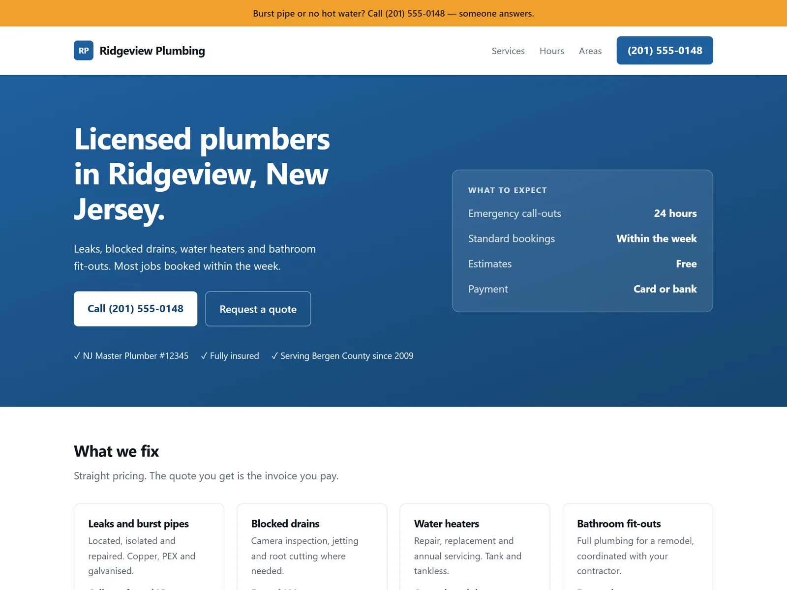 The site built for Ridgeview Plumbing